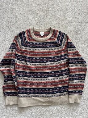 J. Crew Men’s Cream Fair Isle Crewneck Sweater with Navy and Red Pattern